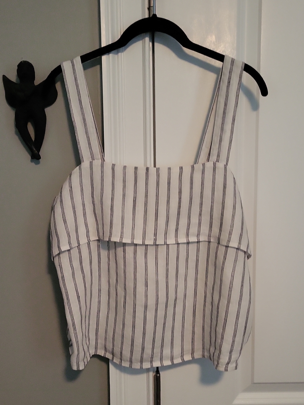 Quince 100% European Linen Square Neck Tank Top - Cream with Black Stripes - M